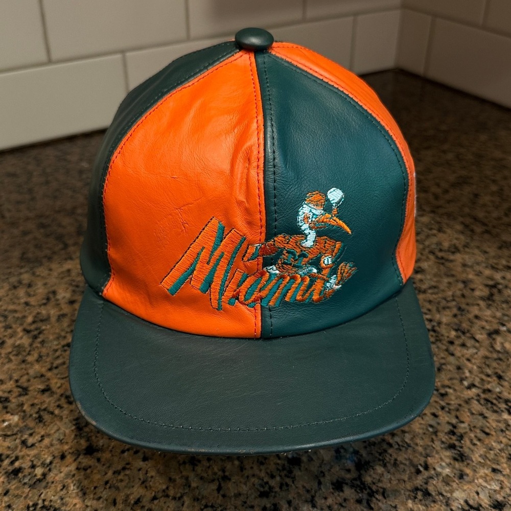 Miami Hurricanes Leather Snapback Hat Made in USA Green Orange Cap
